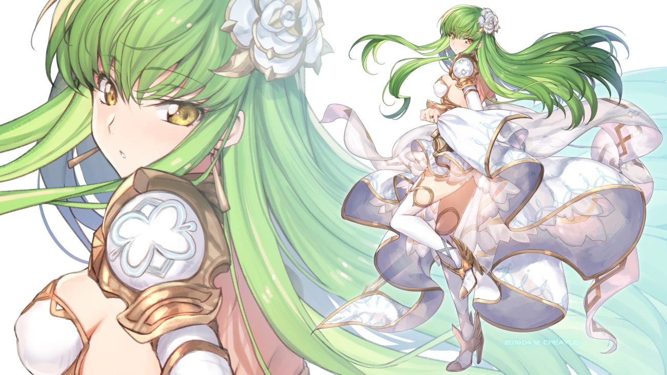 armor breasts cc code geass creayus dress erect nipples green hair long hair skirt lift thighhighs yellow eyes zoom layer