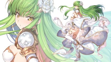 armor breasts cc code geass creayus dress erect nipples green hair long hair skirt lift thighhighs yellow eyes zoom layer