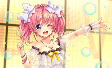 blue eyes blush bow breasts bubbles catbell cleavage long hair necklace pink hair see through twintails wink wristwear