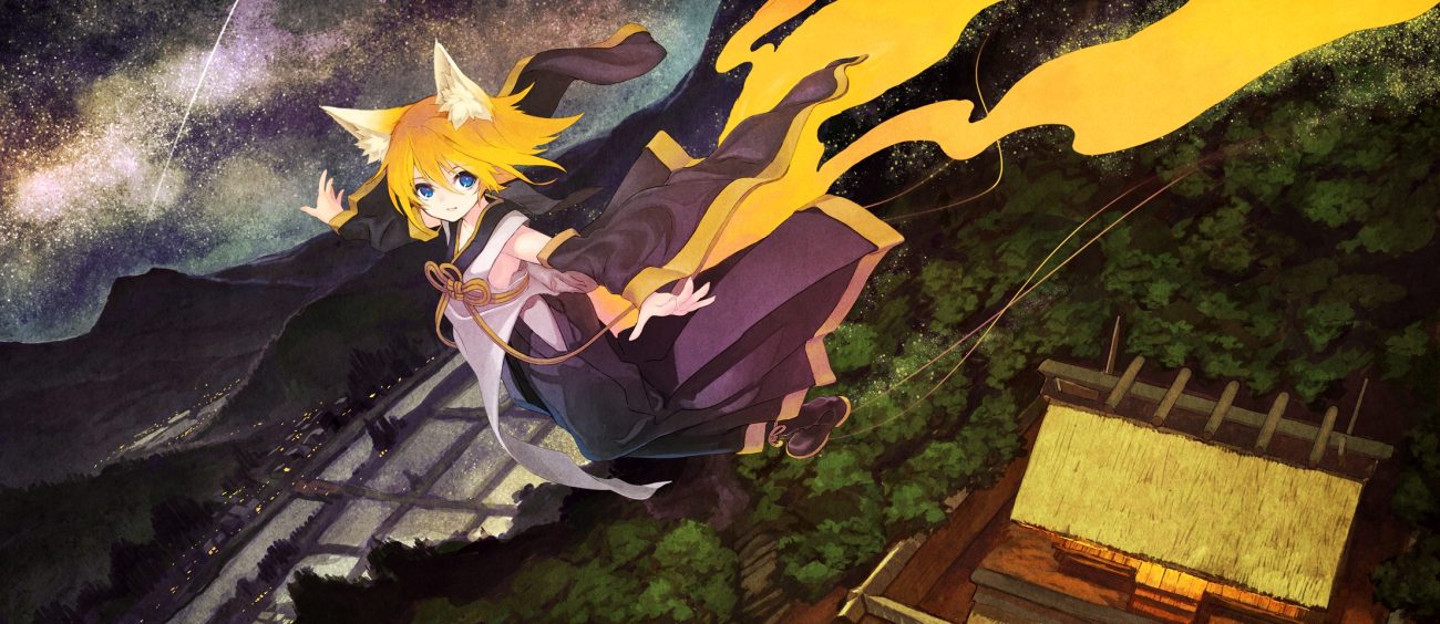 animal ears blonde hair blue eyes building foxgirl japanese clothes kagamine rin kitsune (kazenouta) landscape night scenic short hair sky stars tail vocaloid