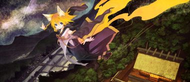 animal ears blonde hair blue eyes building foxgirl japanese clothes kagamine rin kitsune (kazenouta) landscape night scenic short hair sky stars tail vocaloid