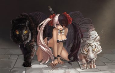 animal bell bikini blade & soul blood bow breasts chain cleavage eyepatch fang long hair magician (artist) po hwa ran shackles swimsuit tiger twintails