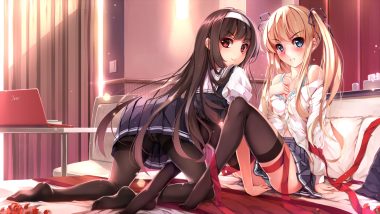 black hair blonde hair blue eyes blush bra headband kasumigaoka utaha kestrel long hair panties ribbons saenai heroine no sodatekata sawamura spencer eriri school uniform thighhighs twintails underwear undressing yuri