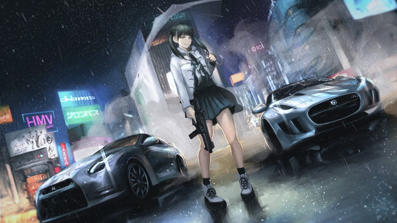 black hair car gun koh (minagi kou) open shirt original rain school uniform skirt twintails umbrella water weapon