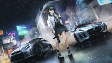 black hair car gun koh (minagi kou) open shirt original rain school uniform skirt twintails umbrella water weapon