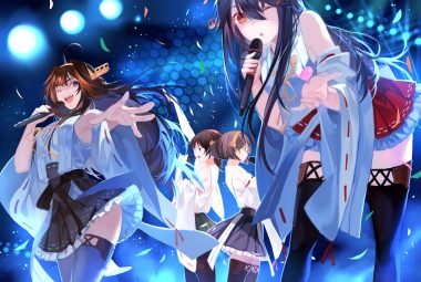 anthropomorphism black hair brown hair glasses group haruna (kancolle) headband hiei (kancolle) japanese clothes joseph lee kantai collection kirishima (kancolle) kongou (kancolle) long hair microphone short hair skirt thighhighs wink