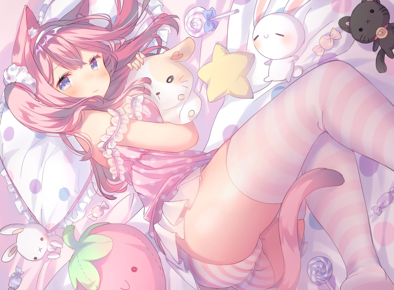 animal ears ass bed blue eyes bunny candy catgirl headband lollipop long hair original panties pink hair shouu-kun skirt striped panties tail thighhighs twintails underwear