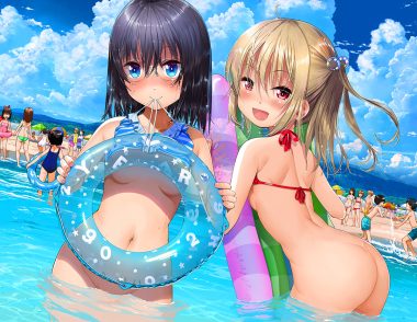 aqua eyes ass beach bikini black hair blonde hair blush clouds glasses iuro jpeg artifacts loli long hair navel original ponytail red eyes sky swimsuit water