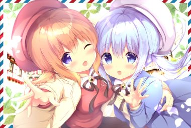 2girls amedamacon blue eyes blue hair blush brown hair gochuumon wa usagi desu ka? hat hoto cocoa kafuu chino loli long hair purple eyes ribbons shirt skirt twintails