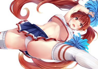 anthropomorphism azur lane breasts cheerleader honolulu (azur lane) irohasu kick long hair navel no bra orange eyes panties red hair skirt spread legs tears thighhighs twintails underboob underwear upskirt