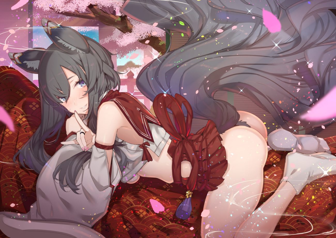 animal ears aqua eyes ass black hair blush breasts foxgirl long hair no bra nopan original petals school uniform skirt socks tail tajima ryuushi underboob waifu2x
