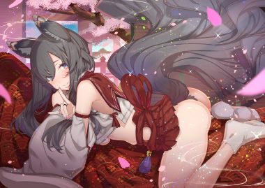 animal ears aqua eyes ass black hair blush breasts foxgirl long hair no bra nopan original petals school uniform skirt socks tail tajima ryuushi underboob waifu2x