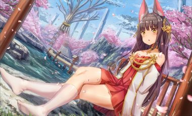 animal ears anthropomorphism azur lane blush brown hair cherry blossoms choker dress flowers foxgirl grass kneehighs long hair nagato (azur lane) petals rope sky torii tree water yellow eyes yu ni t