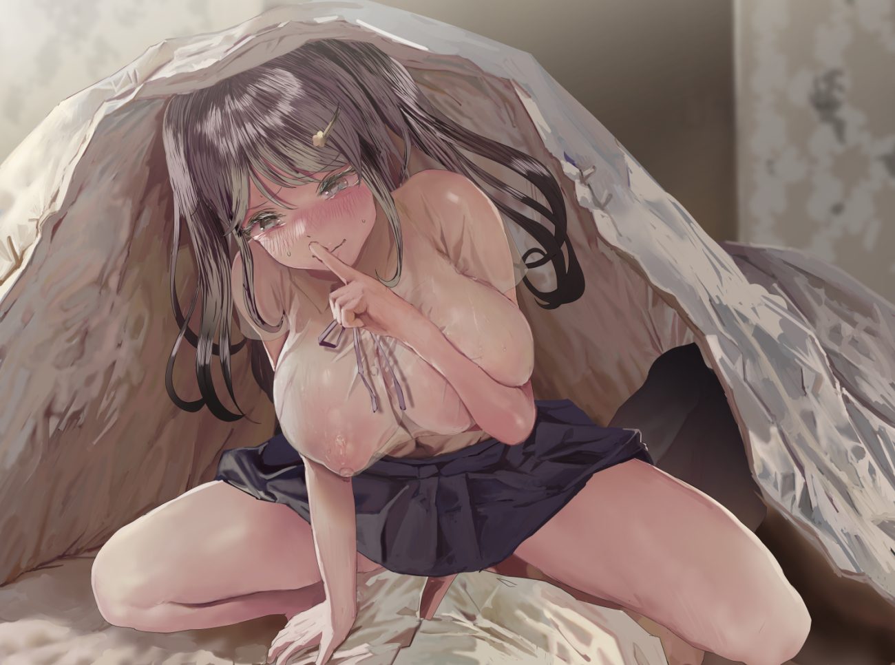 aliasing bed blush breast hold breasts gray eyes gray hair long hair masak (masaki4545) nipples original school uniform see through sex skirt twintails