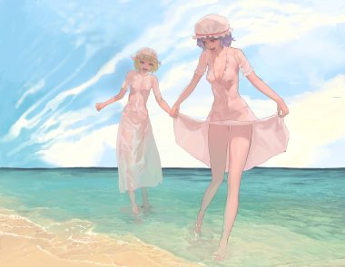 2girls barefoot beach blonde hair blue hair dress erect nipples flandre scarlet hat masak (masaki4545) remilia scarlet see through short hair skirt lift summer dress touhou water