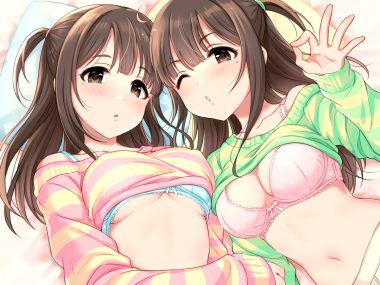 2girls blush bra breasts brown eyes brown hair cleavage erect nipples long hair navel original shirt lift tsukana (saba mizore) twins underboob underwear wink