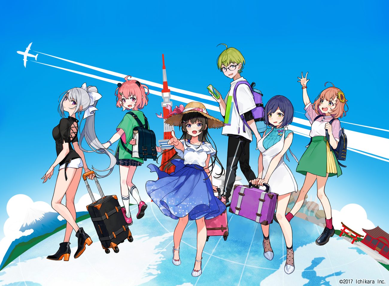 aircraft black hair blue eyes blue hair blush boots bow brown hair dress fang glasses gray hair green eyes green hair group hat higuchi kaede honma himawari kneehighs loli long hair male nijisanji phone pink eyes pink hair ponytail purple eyes sasaki saku shibuya hajime shizuka rin short hair shorts shrine skirt sky socks torii tsukino mito wristwear yellow eyes yuu (higashi no penguin)
