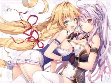 2girls aliasing anthropomorphism azur lane blonde hair blush braids breasts cleavage garter belt gloves green eyes grenville (azur lane) le temeraire (azur lane) long hair original ponytail purple hair red eyes ribbons riichu shoujo ai skirt thighhighs twintails wink zettai ryouiki
