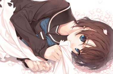 amamiya chiharu blue eyes brown hair close original petals school uniform short hair waifu2x