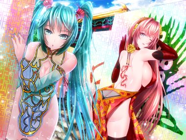 aqua eyes aqua hair ass breasts chinese clothes chinese dress cleavage dress elbow gloves erect nipples fuyuki jun gloves hatsune miku headphones long hair megurine luka microphone nopan pink hair sideboob tattoo thighhighs twintails vocaloid wink