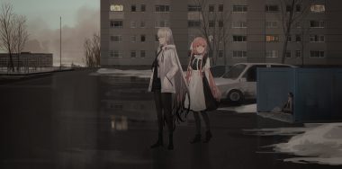 2girls apron boots building car chihuri405 clouds dark gray hair hood long hair maid orange eyes original pantyhose pink hair reflection shorts sky snow yana (chihuri) zoya (chihuri)