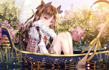 boat brown hair butterfly dress fate/grand order fate (series) flowers ishtar (fate/grand order) jpeg artifacts junpaku karen lolita fashion long hair red eyes umbrella water