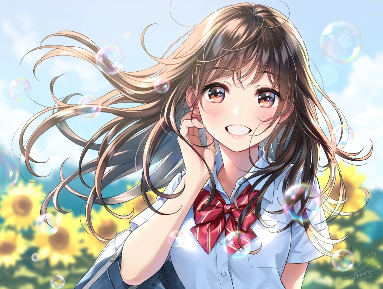 blush bow brown eyes brown hair bubbles close flowers long hair morikura en original school uniform signed sunflower