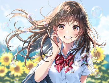 blush bow brown eyes brown hair bubbles close flowers long hair morikura en original school uniform signed sunflower