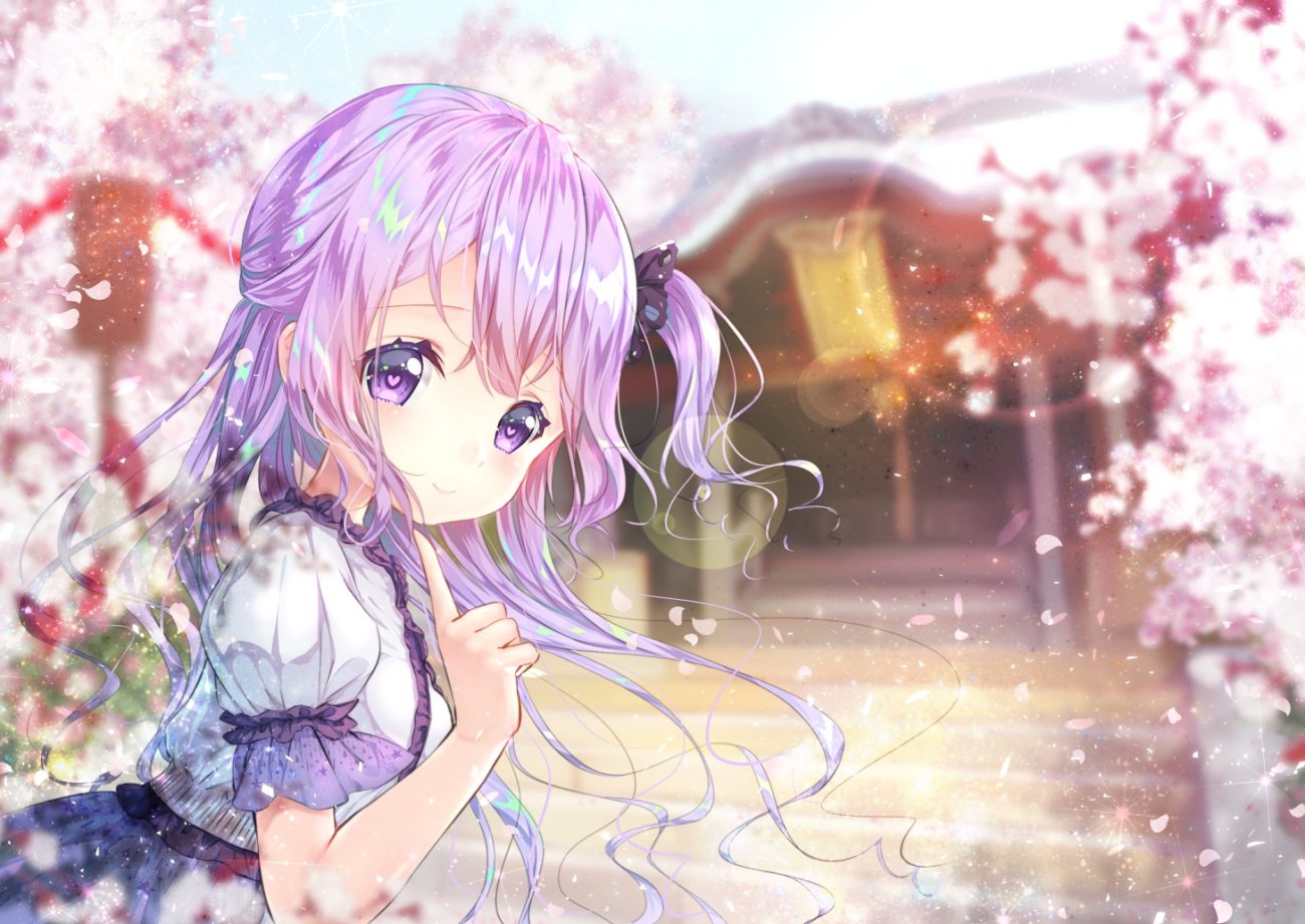 anthropomorphism azur lane cherry blossoms flowers long hair petals ponytail purple eyes purple hair sawa (sawasaku) shrine skirt unicorn (azur lane)