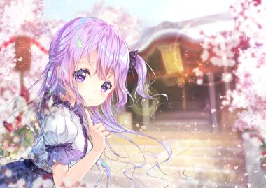 anthropomorphism azur lane cherry blossoms flowers long hair petals ponytail purple eyes purple hair sawa (sawasaku) shrine skirt unicorn (azur lane)