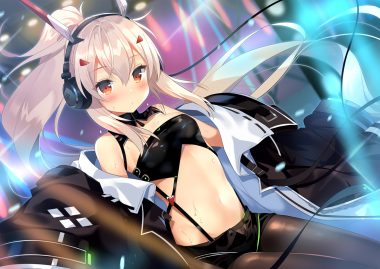 anthropomorphism ayanami (azur lane) azur lane blonde hair blush headphones kurot long hair navel orange eyes pantyhose ponytail shorts