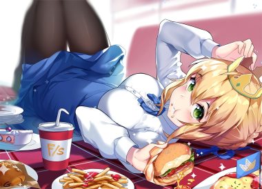 artoria pendragon (all) blonde hair braids cake crown fate/grand order fate (series) food gendo0032 green eyes pantyhose saber shirt short hair skirt taiyaki