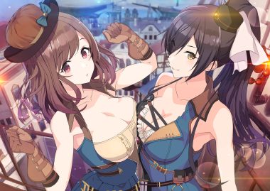 2girls black hair breasts brown hair building city cleavage gloves hat idolmaster idolmaster shiny colors long hair pink eyes ponytail shirase sakuya short hair tomato (madanai the cat) tsukioka kogane yellow eyes