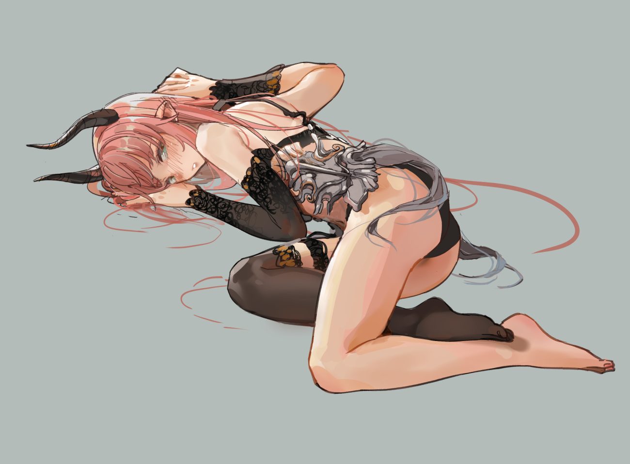 ass blush gray green eyes hei yan-m82a1 horns long hair original pink hair pointed ears sketch thighhighs