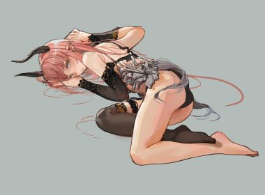 ass blush gray green eyes hei yan-m82a1 horns long hair original pink hair pointed ears sketch thighhighs