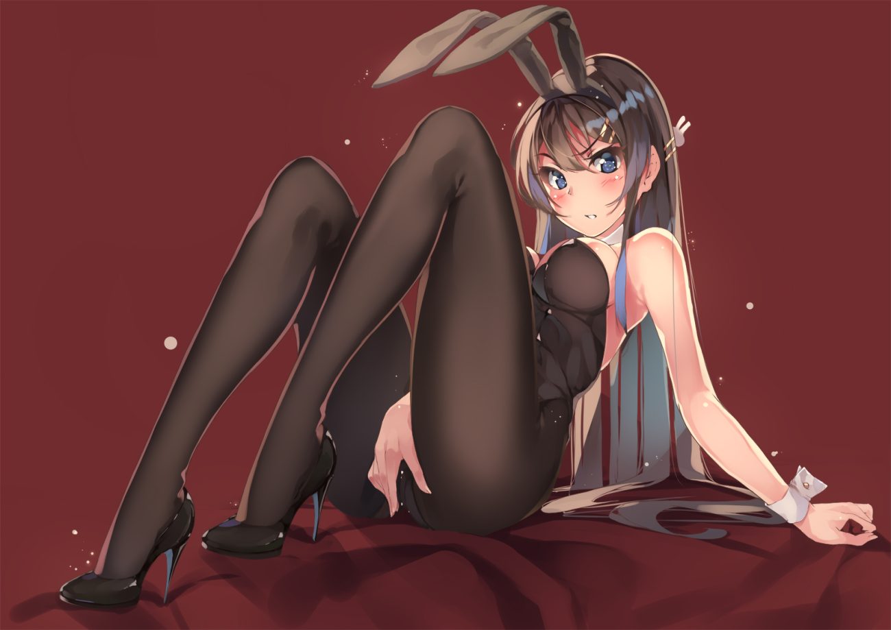 animal ears black hair blue eyes blush bodysuit breasts bunny ears bunnygirl cleavage headband kestrel long hair pantyhose red sakurajima mai seishun buta yarou