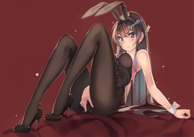 animal ears black hair blue eyes blush bodysuit breasts bunny ears bunnygirl cleavage headband kestrel long hair pantyhose red sakurajima mai seishun buta yarou