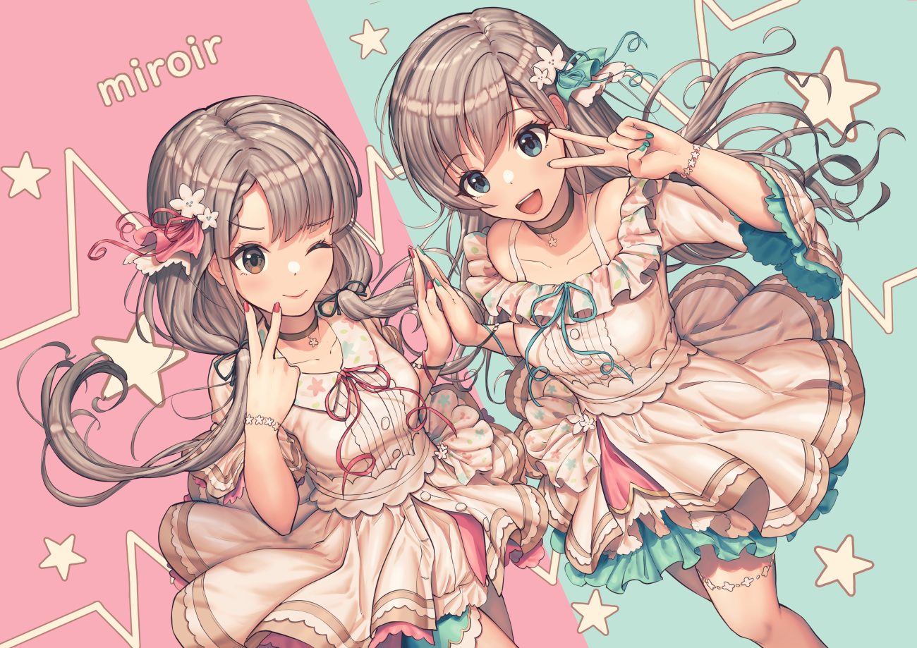 2girls blue eyes brown eyes choker dress garter gray hair hisakawa hayate hisakawa nagi idolmaster idolmaster cinderella girls idolmaster cinderella girls starlight stage long hair mazel twins wink wristwear