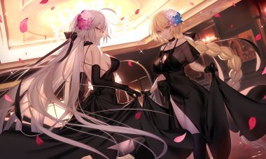 blonde hair blue eyes bow braids breasts choker cleavage dress elbow gloves fate/grand order fate (series) flowers gloves gray hair jeanne d'arc alter jeanne d'arc (fate) long hair mashima saki (mashimasa) necklace petals ponytail ribbons see through skirt lift thighhighs yellow eyes