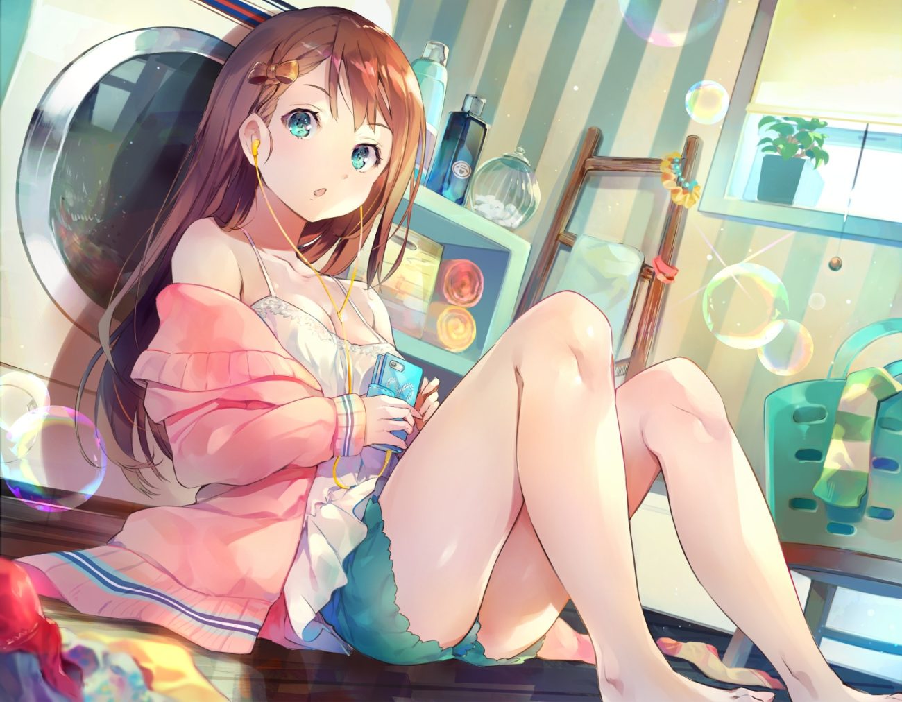 barefoot braids breasts brown hair bubbles cleavage deecha green eyes headphones long hair original phone shorts