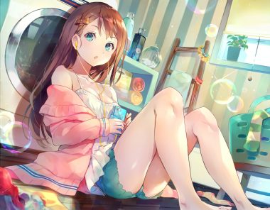barefoot braids breasts brown hair bubbles cleavage deecha green eyes headphones long hair original phone shorts