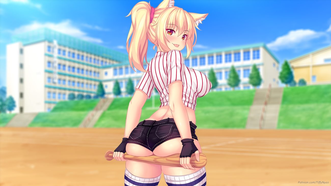 animal ears ass baseball bat blonde hair catgirl erect nipples fast-runner-2024 gloves original ponytail red eyes shorts thighhighs third-party edit tiffy watermark