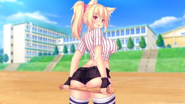 animal ears ass baseball bat blonde hair catgirl erect nipples fast-runner-2024 gloves original ponytail red eyes shorts thighhighs third-party edit tiffy watermark