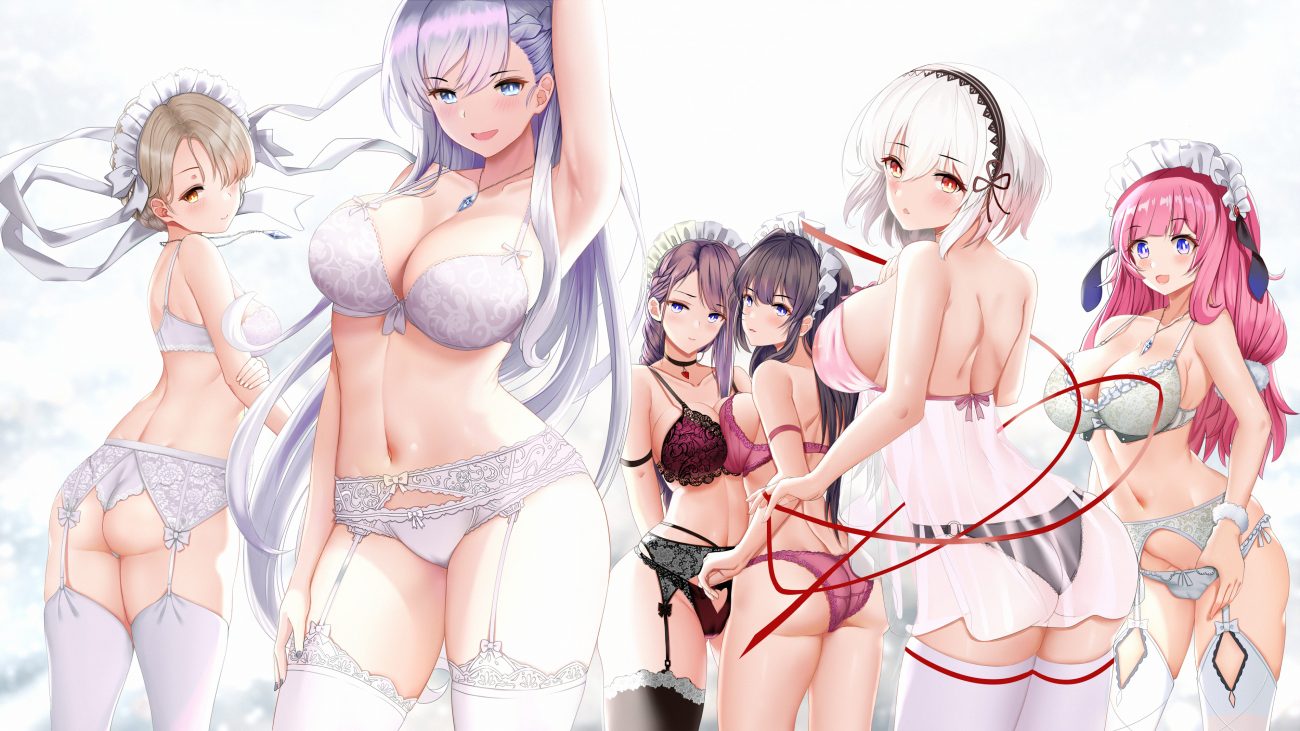 anthropomorphism ass azur lane belfast (azur lane) black hair blue eyes blush bra breasts brown hair cat smile cleavage curacoa (azur lane) curlew (azur lane) dress garter belt group long hair navel necklace panties pink hair piukute062 purple eyes purple hair see through sheffield (azur lane) short hair sirius (azur lane) stockings suffolk (azur lane) thighhighs underwear white hair yellow eyes
