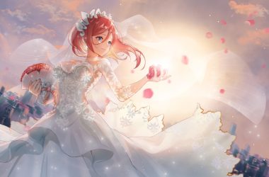 blue eyes breasts building city cleavage clouds dress flowers go-toubun no hanayome headdress long hair nakano miku red hair rose sai ichirou sky sunset wedding attire