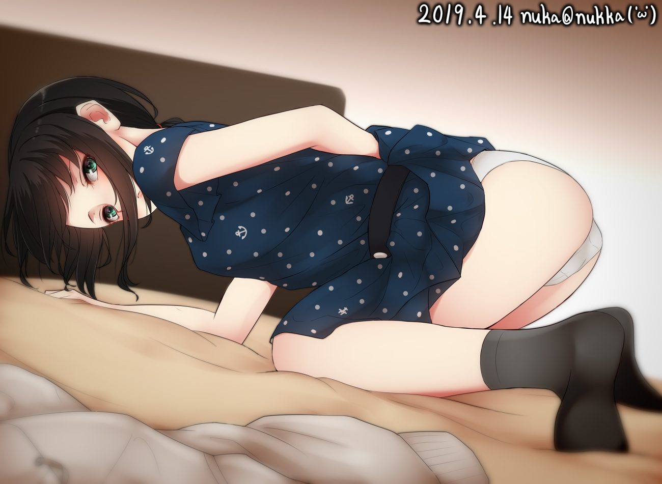 anthropomorphism ass bed brown hair dress fubuki (kancolle) gradient green eyes kantai collection nuka (nvkka) panties ponytail signed skirt lift socks summer dress underwear