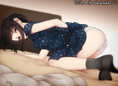 anthropomorphism ass bed brown hair dress fubuki (kancolle) gradient green eyes kantai collection nuka (nvkka) panties ponytail signed skirt lift socks summer dress underwear