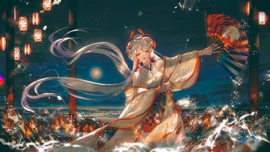 fan gray hair japanese clothes long hair night onmyouji say hana shiranui (onmyouji) sky stars twintails water