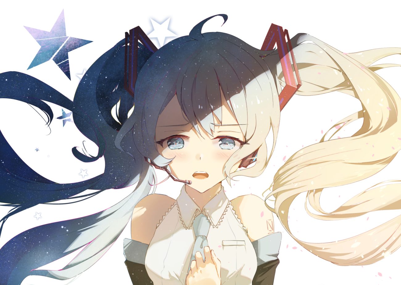 aqua eyes aqua hair close hatsune miku headphones long hair microphone taka (0taka) tattoo tie twintails vocaloid