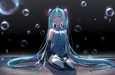 aqua eyes aqua hair bubbles hatsune miku long hair signed skirt suiboku tanren thighhighs tie twintails vocaloid